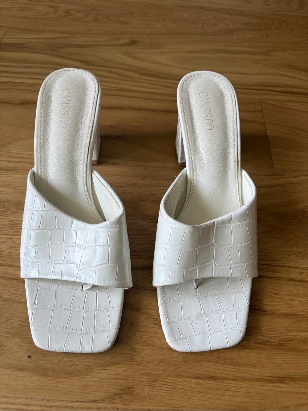 White Croc-Embossed Slide Heels by Caussoo